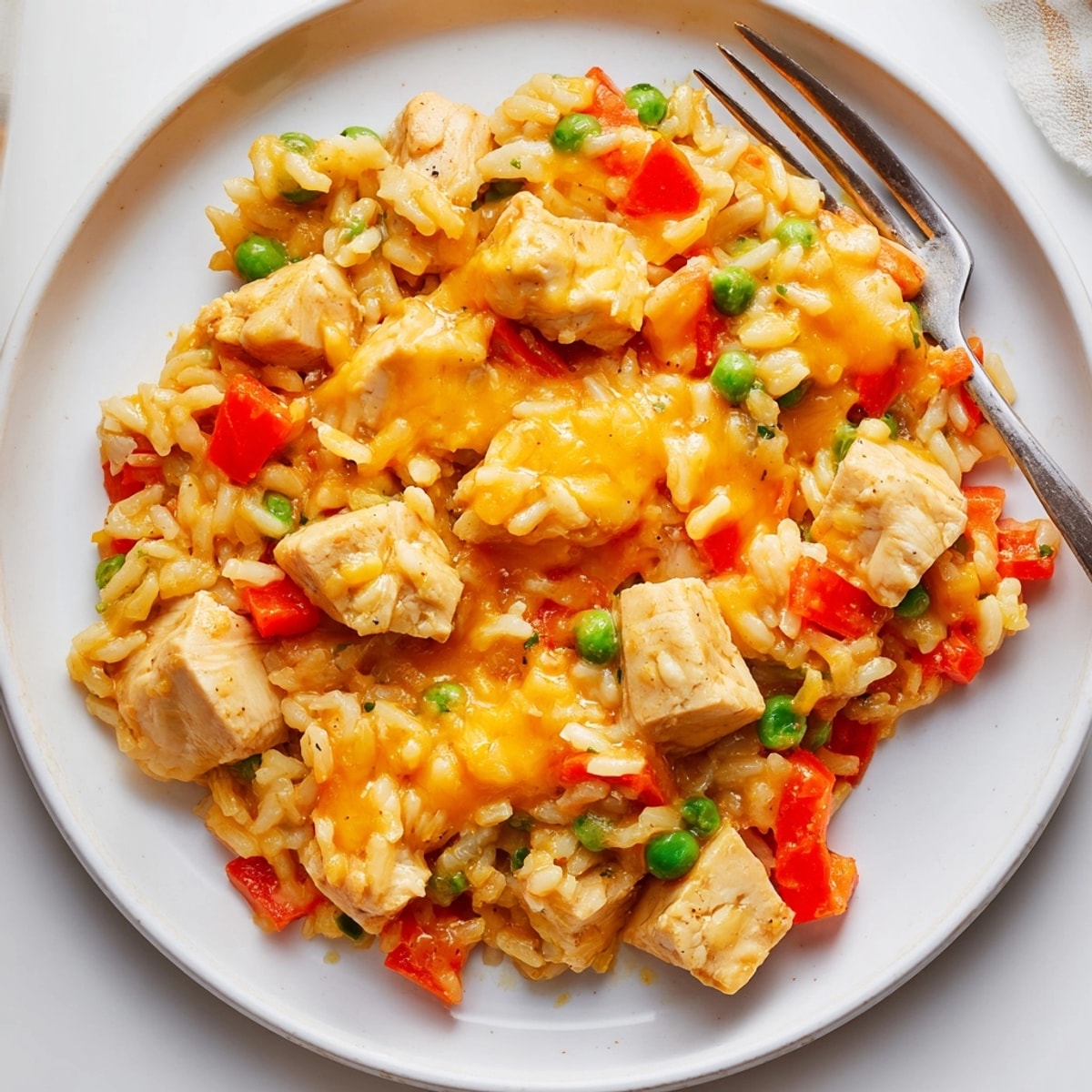 One-Pot Cheesy Chicken and Rice, a creamy, bubbling casserole for a satisfying dinner.