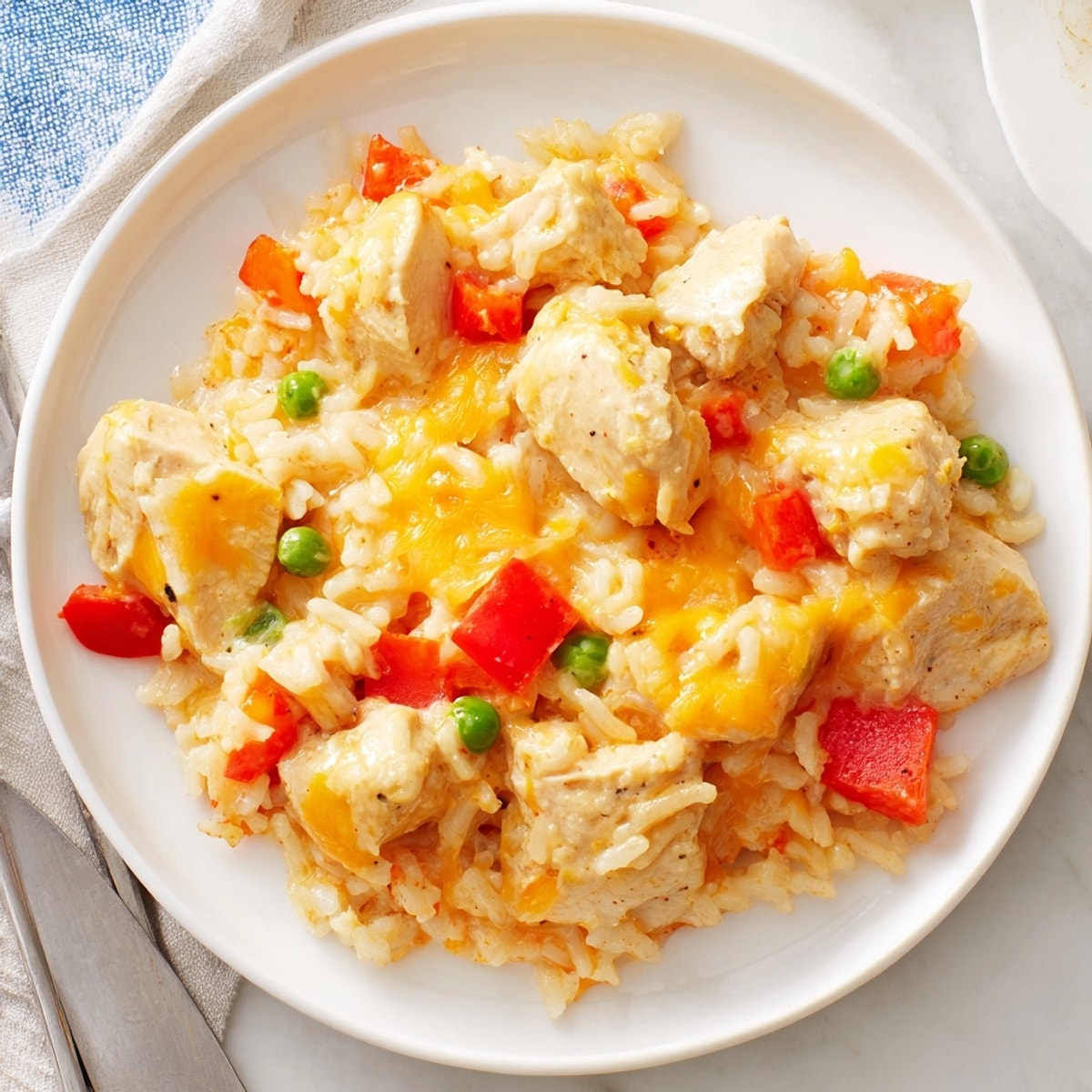 Golden One-Pot Cheesy Chicken and Rice: melted cheese, vibrant peppers, ready to serve.
