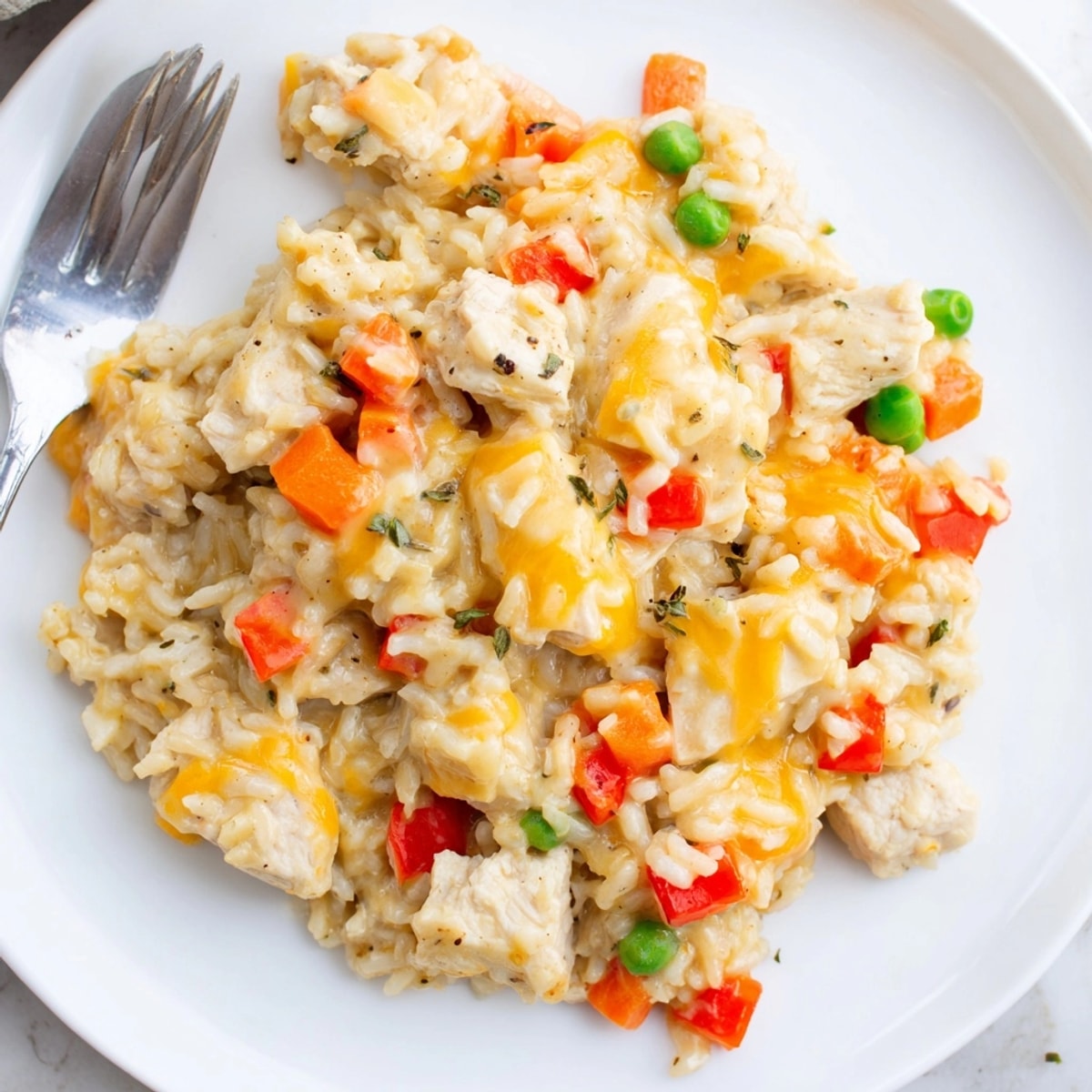 Easy One-Pot Cheesy Chicken and Rice recipe, with tender chicken and colorful vegetables.
