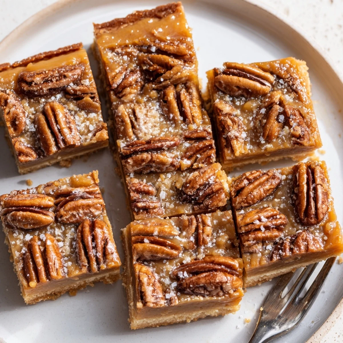 Decadent gooey salted caramel pecan bars drizzled with rich caramel and topped with pecans.  