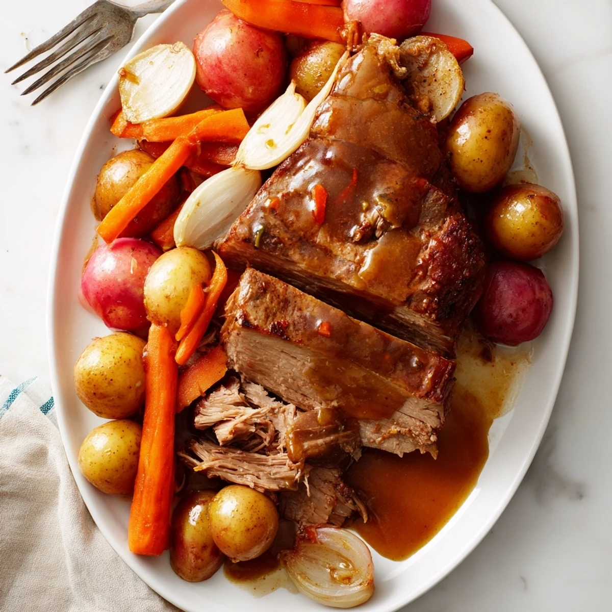 Succulent slow cooker honey garlic pork roast with tender vegetables and rich sauce.  