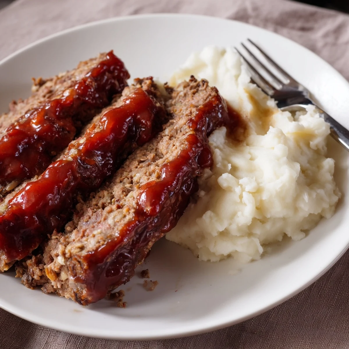 Classic meatloaf served with creamy mashed potatoes, ideal for cozy family dinners.  