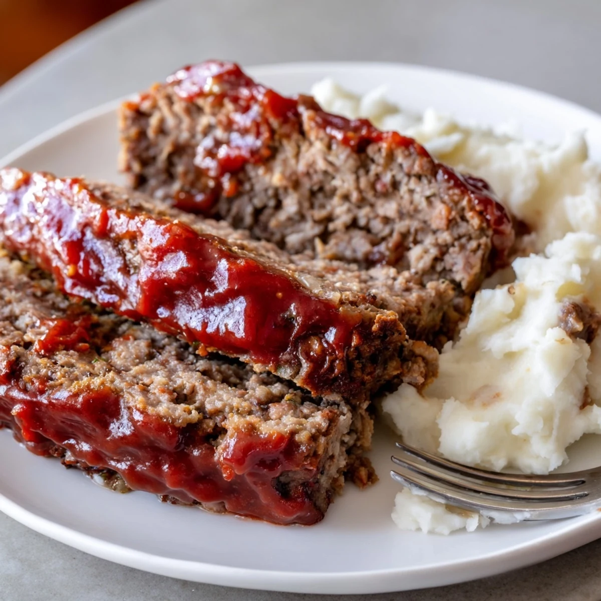 Sliced meatloaf topped with savory glaze beside fluffy mashed potatoes, delicious comfort food.  