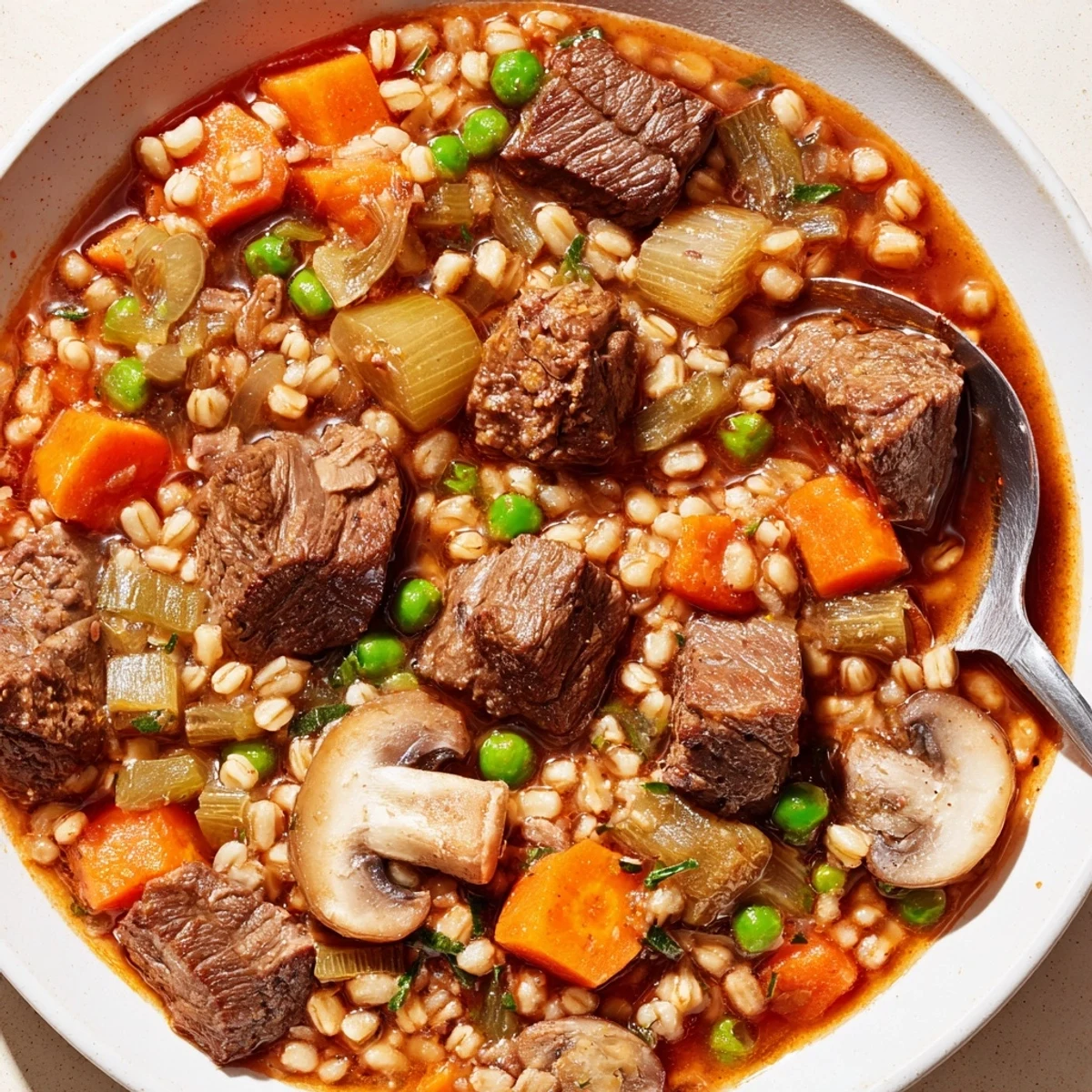 Hearty Slow Cooker Beef and Barley Stew, perfect for chilly evenings with crusty bread.  