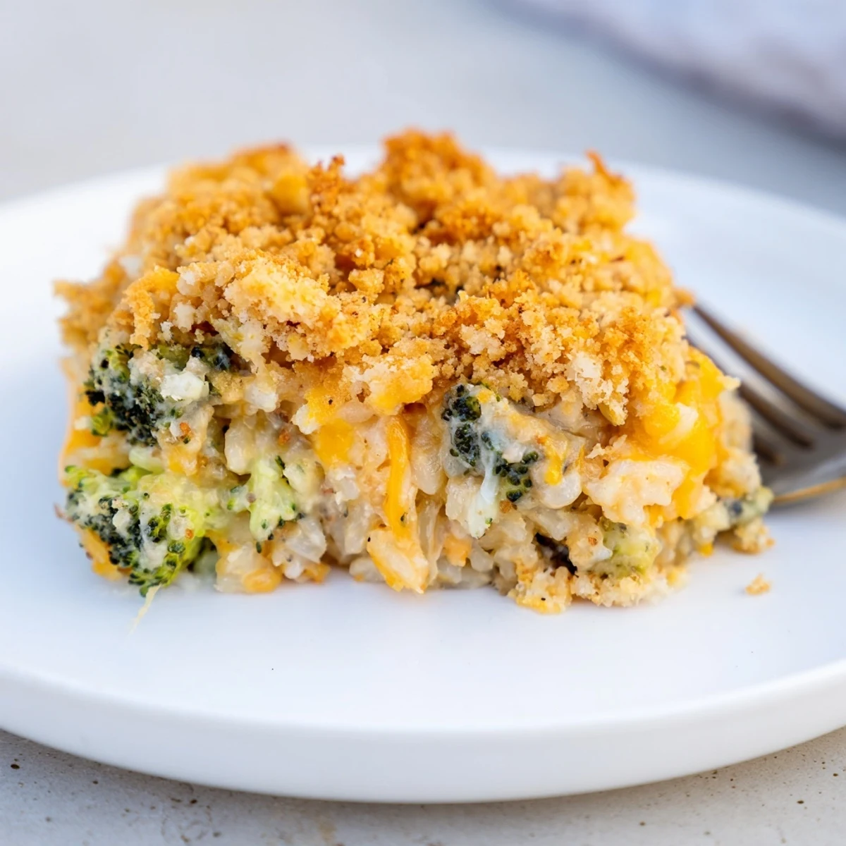 Tender broccoli nestled in a cheesy rice casserole with a crispy breadcrumb topping.