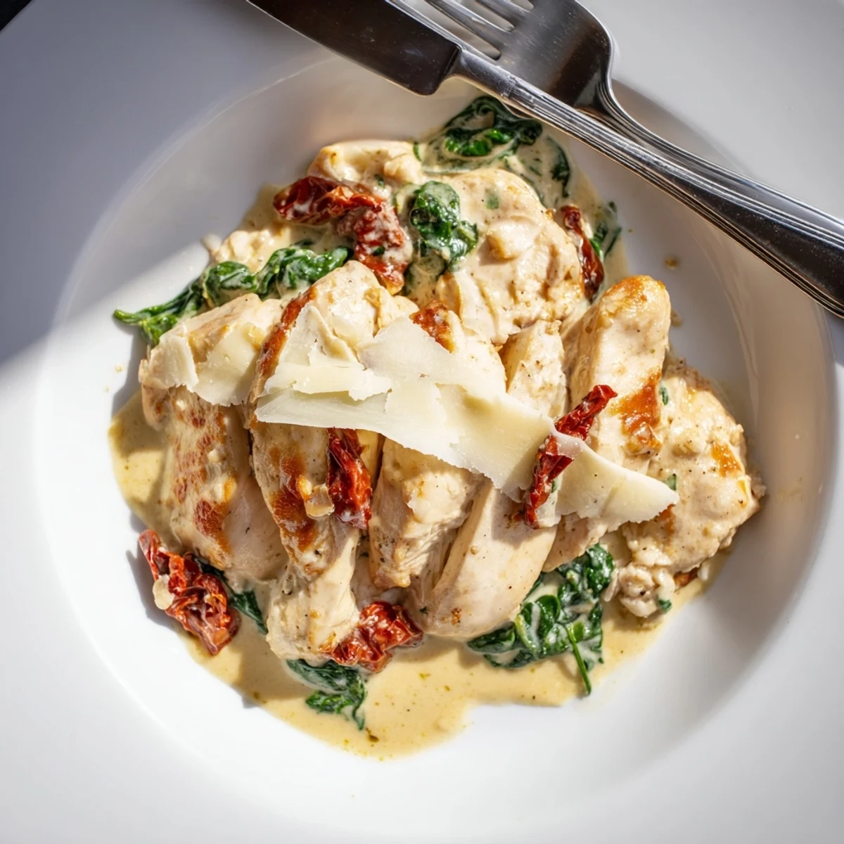 Creamy Tuscan garlic chicken served with sun-dried tomatoes and fresh spinach leaves.  
