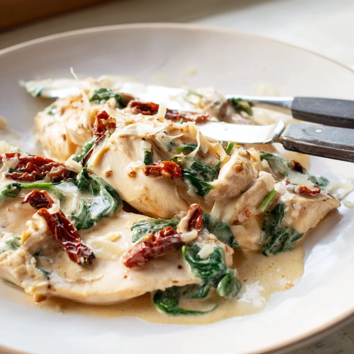 Delicious creamy Tuscan garlic chicken with tender chicken breasts and rich sauce.  