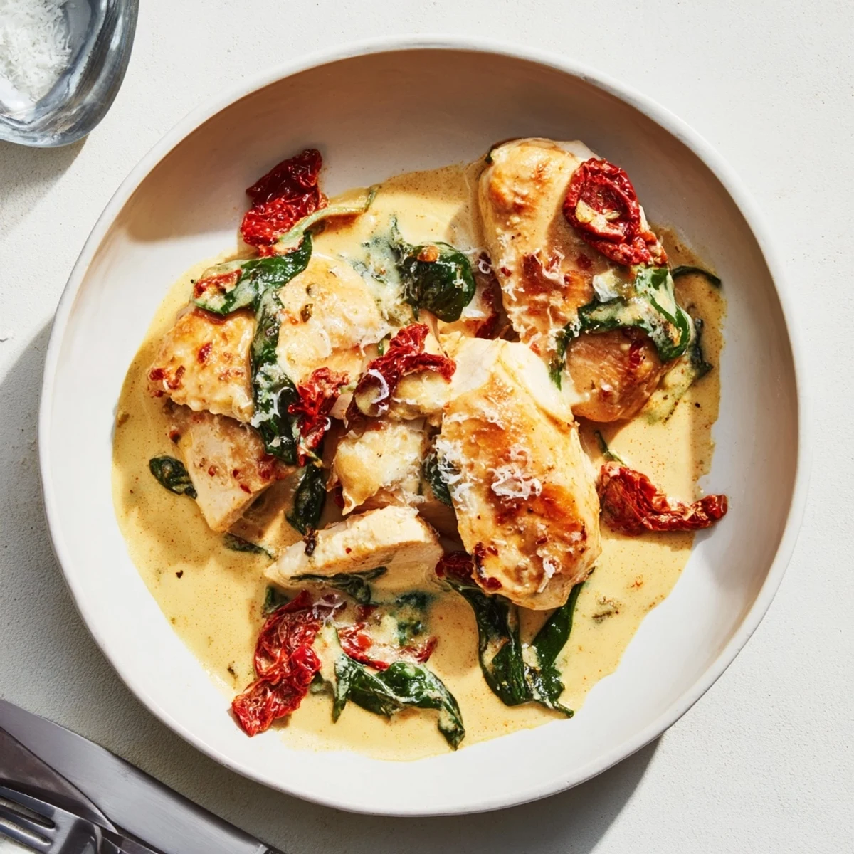 Comforting creamy Tuscan garlic chicken drizzled with Parmesan and vibrant spinach.