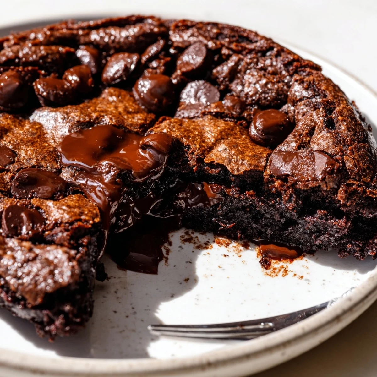 Gooey chocolate fudge brownie skillet topped with vanilla ice cream, a decadent delight.  