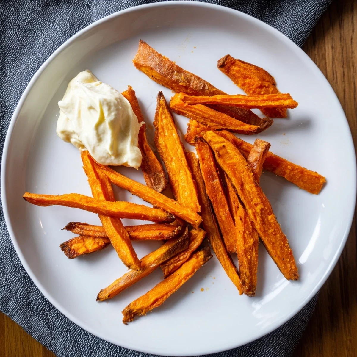 Crispy Baked Sweet Potato Fries served with zesty spicy mayo for dipping.  