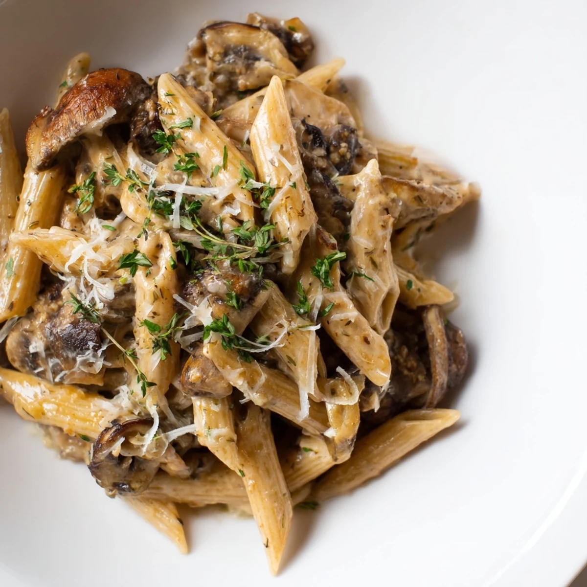 Creamy Mushroom Pasta simmered with garlic and fresh thyme for a rich taste.  
