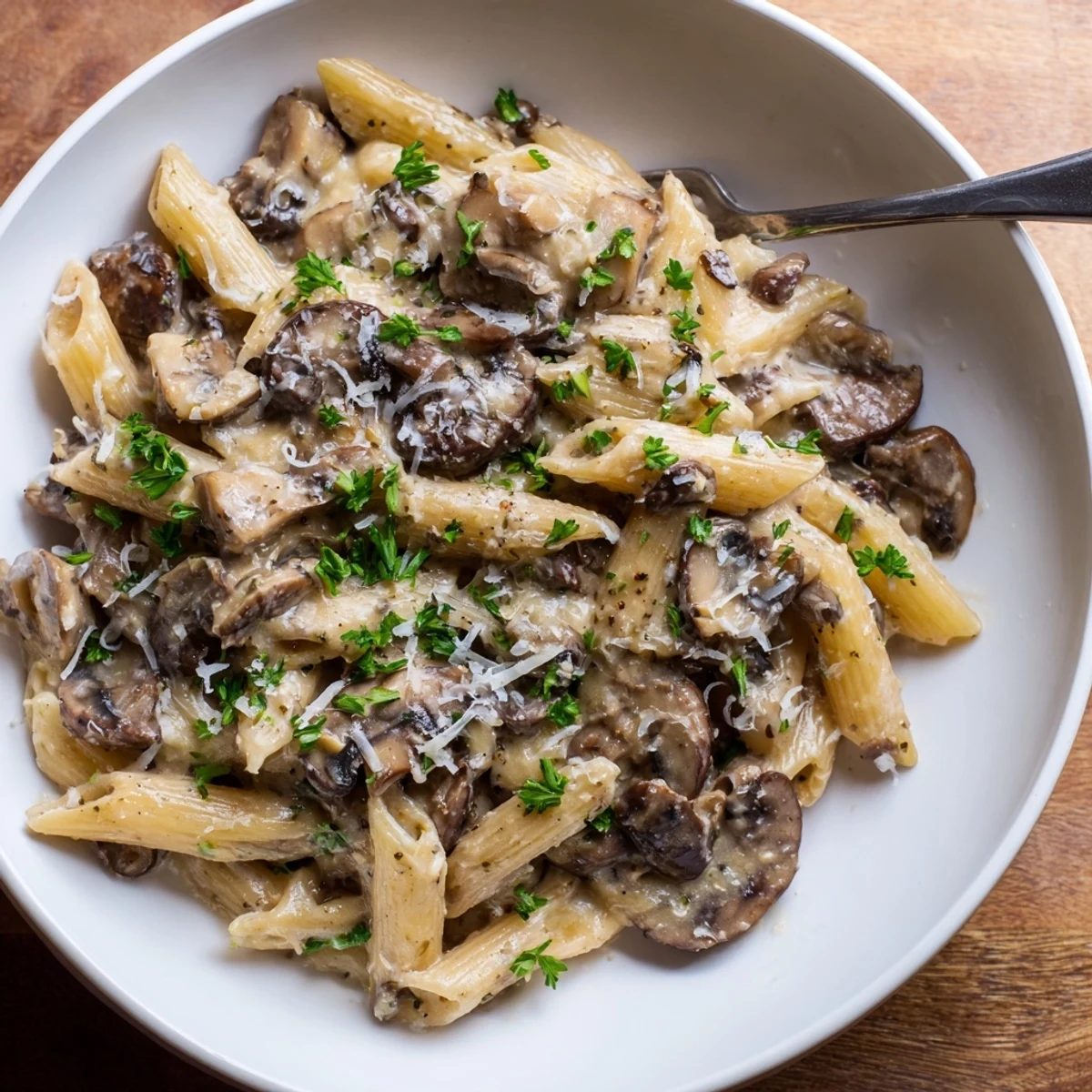 A delicious One-Pot Creamy Mushroom Pasta garnished with parsley and Parmesan cheese.  