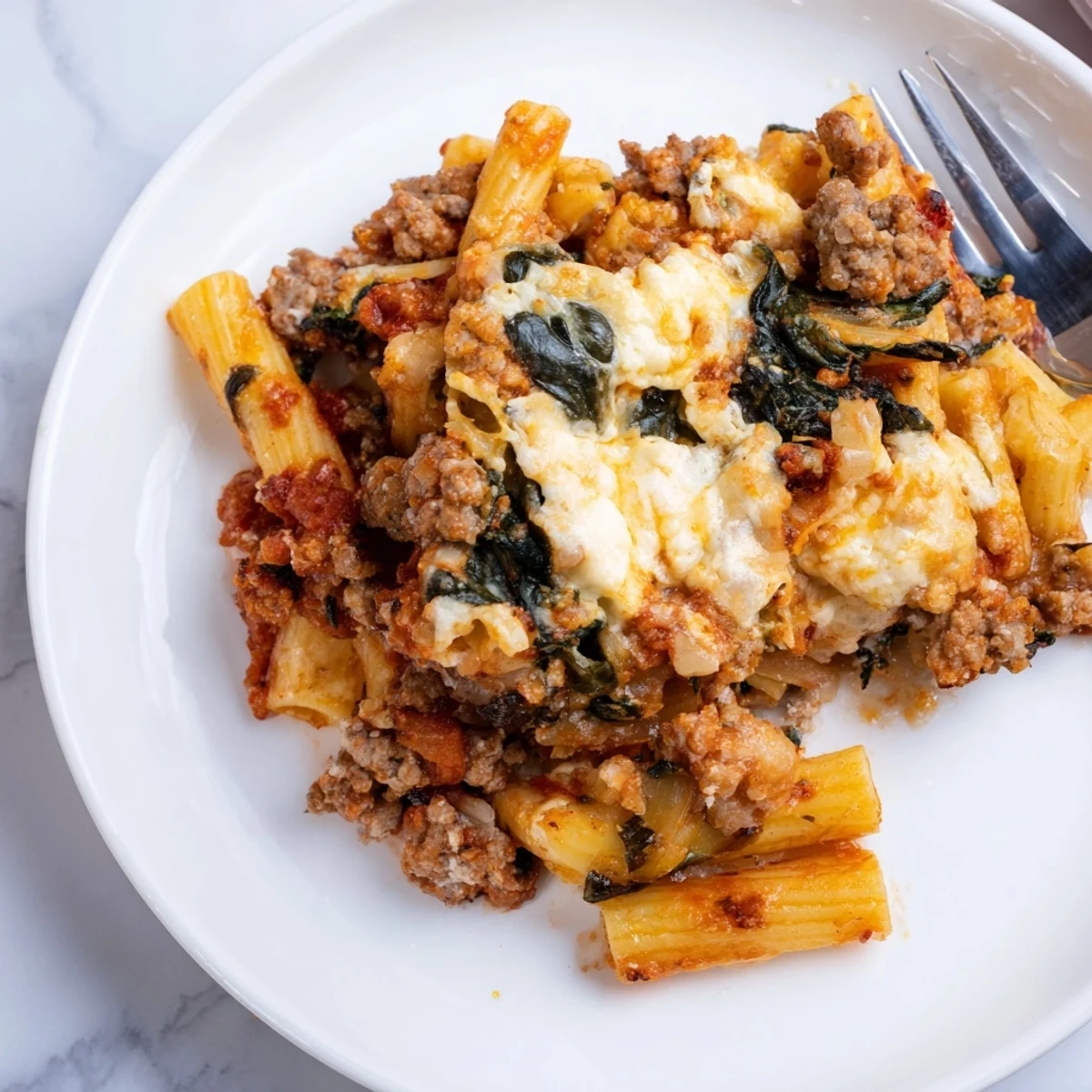 Baked Ziti with Sausage and Spinach layered with melted cheese and vibrant spinach.  