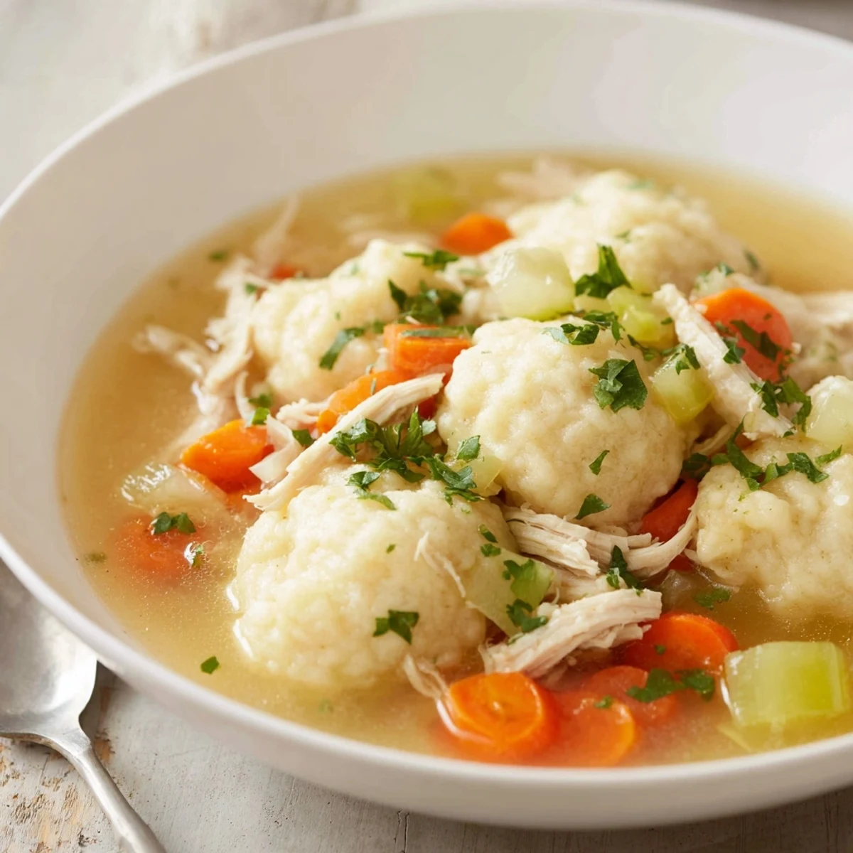 Tender Grandma's Chicken and Dumplings simmering in savory broth with fresh vegetables.  