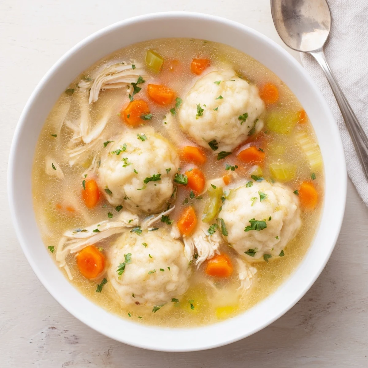 Fluffy dumplings nestle in rich chicken broth of Grandma's Chicken and Dumplings recipe.  