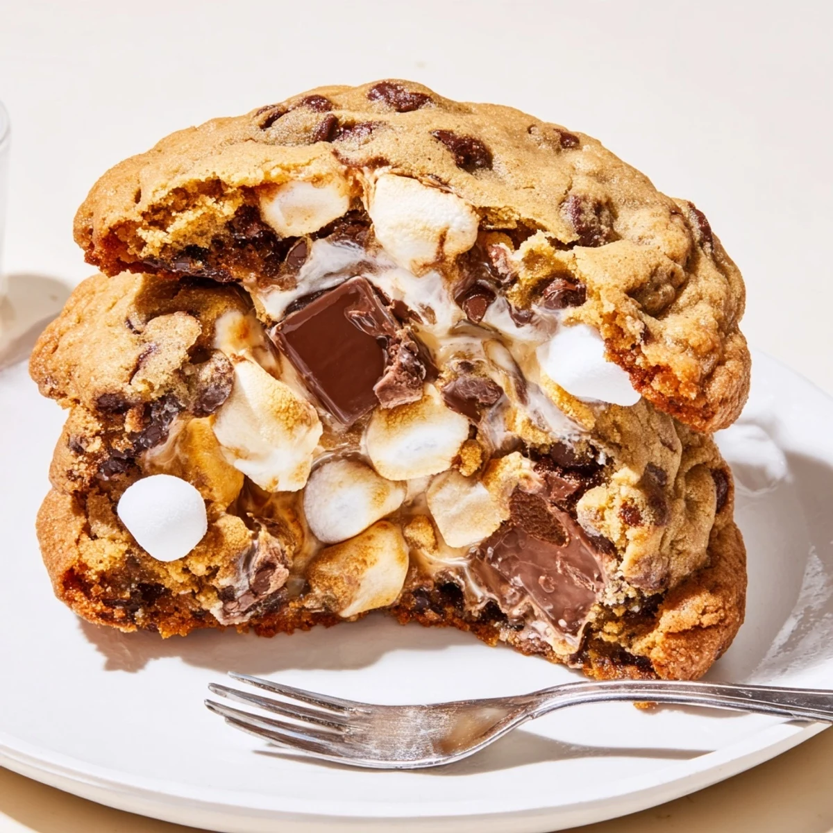 Chewy Messy S'mores Stuffed Cookies with melted chocolate and gooey marshmallow center.  