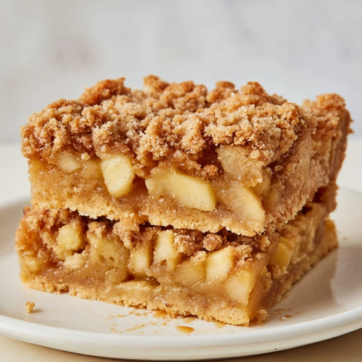 Warm apple cinnamon crumble bars topped with golden streusel, perfect for dessert.  