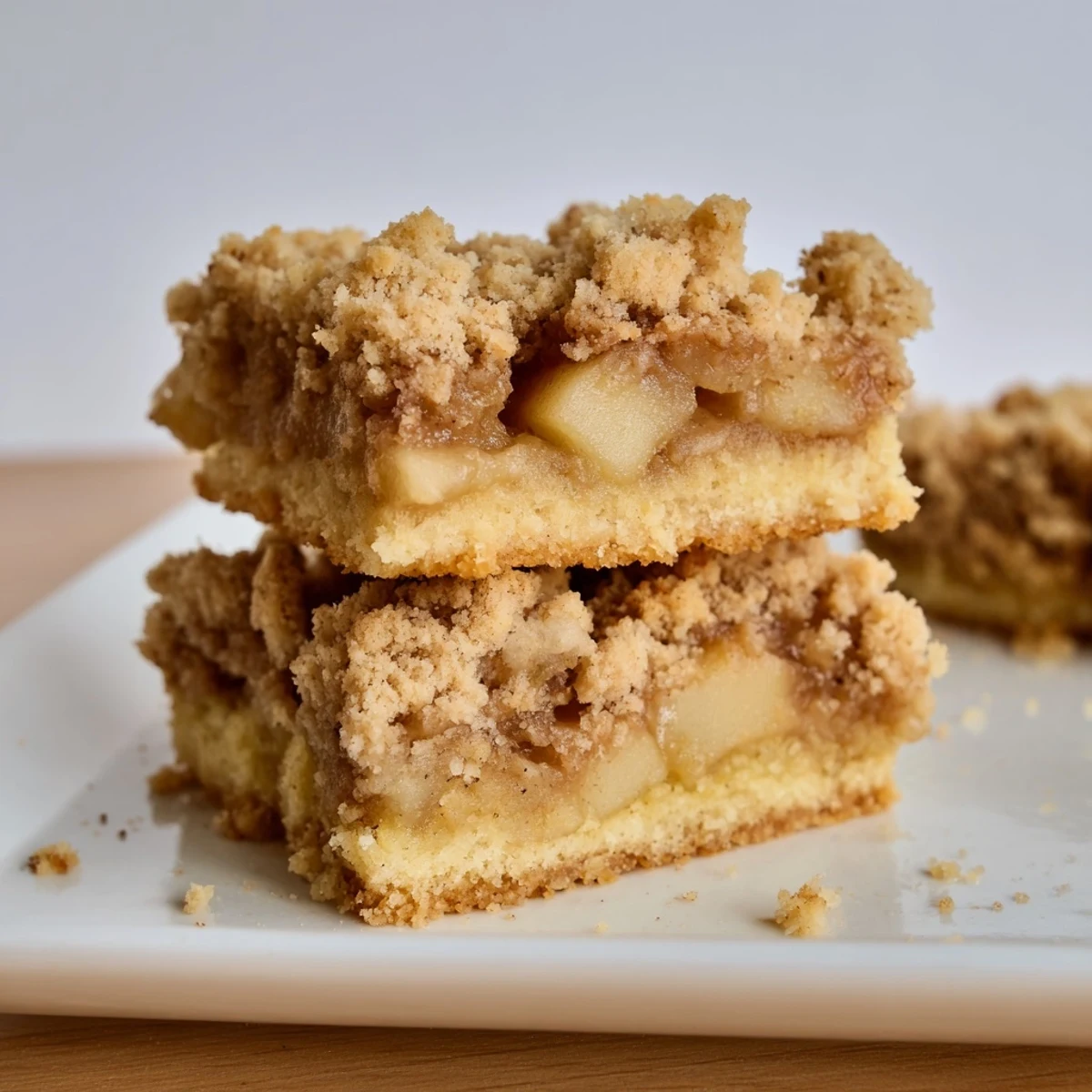 Delicious apple cinnamon crumble bars served on a wooden platter with ice cream.  