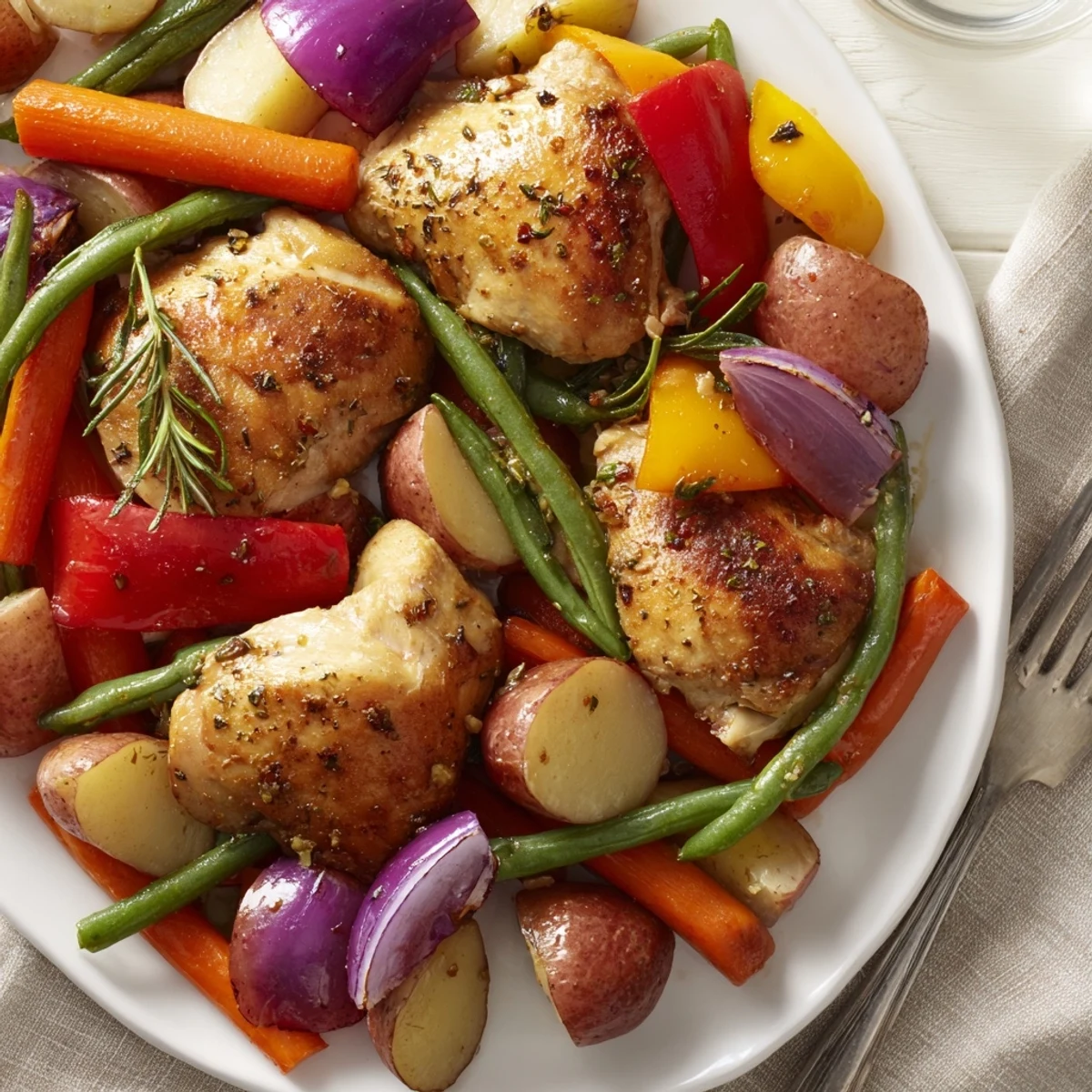 Tender One-Pan Lemon Herb Chicken and Veggies with colorful vegetables and zesty marinade.  