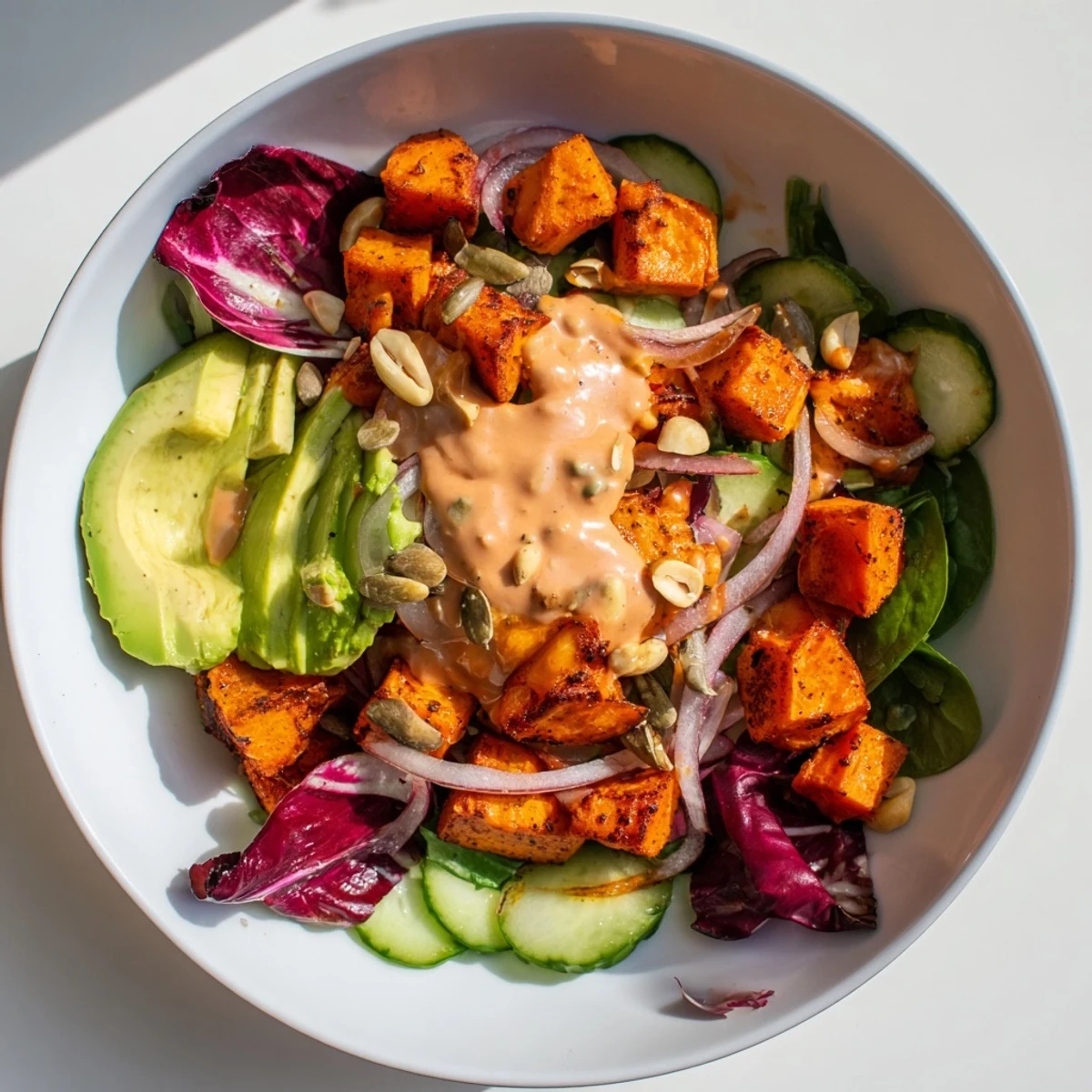 Vibrant Spiced Peanut Sweet Potato & Radicchio Salad Bowl, featuring golden sweet potatoes and creamy avocado.