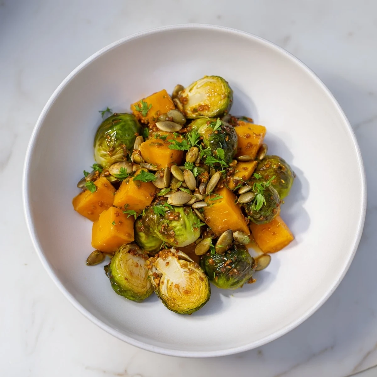 Golden brown Roasted Brussels Sprouts & Butternut Squash, drizzled with bright orange dressing for freshness.