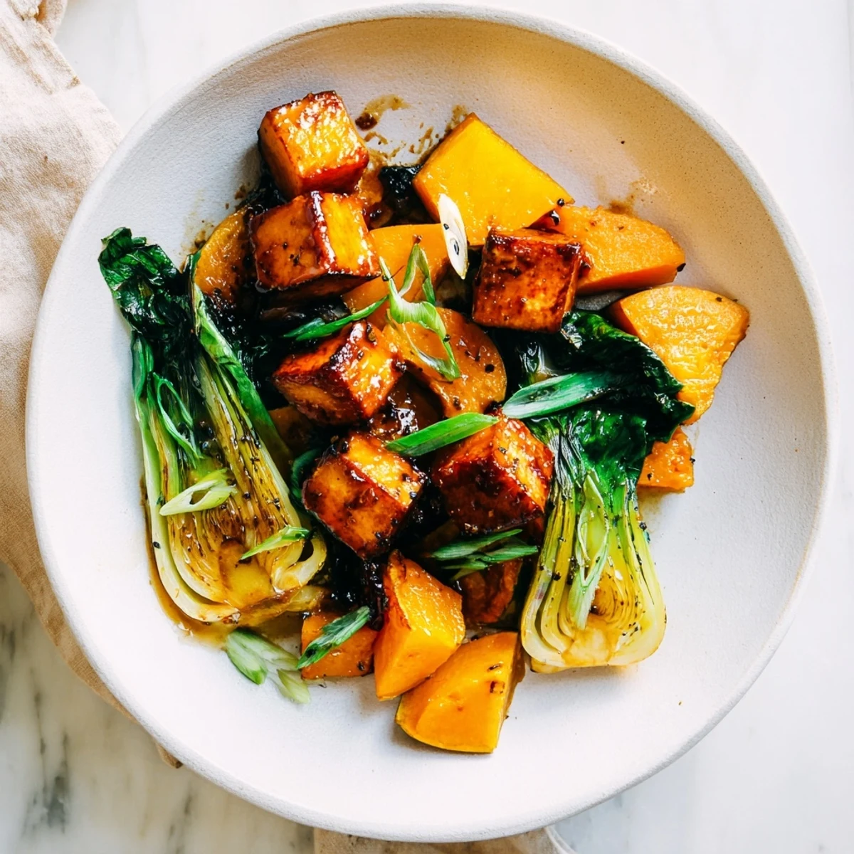 Beautifully plated Miso-Glazed Tofu and Winter Squash, served with tender bok choy, ready to eat.