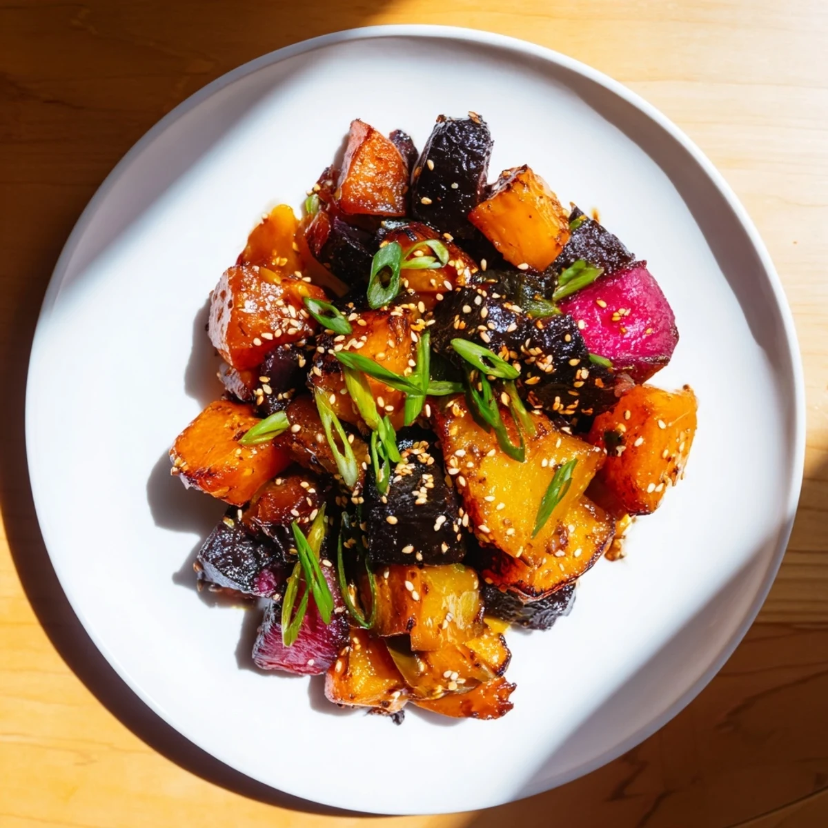 Golden, caramelized miso roasted winter vegetables, a delicious vegetarian side dish.