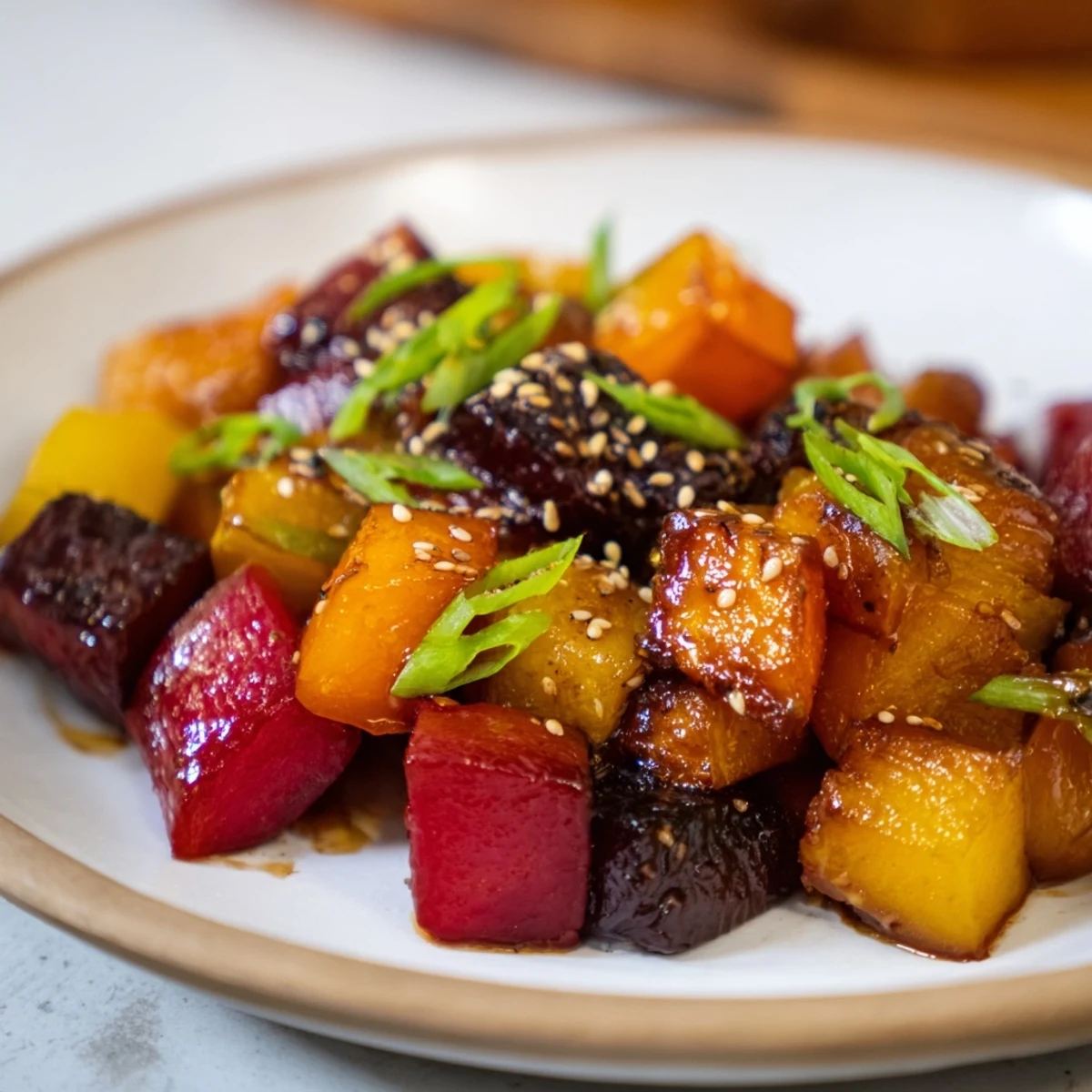 Tender, roasted miso winter vegetables with a glaze, perfect for a flavorful, healthy meal.