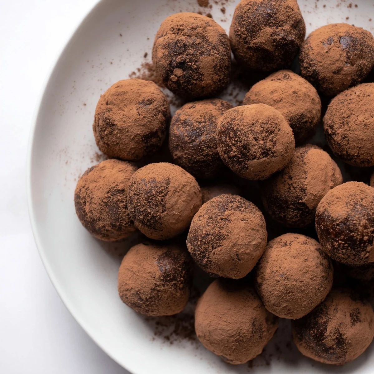 Delicious Date & Walnut Truffles, rolled in cocoa, ready to enjoy as a sweet vegan treat.
