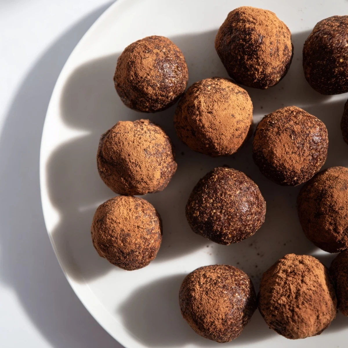 Cocoa-dusted Date & Walnut Truffles: A close-up view of creamy, bite-sized chocolate desserts.