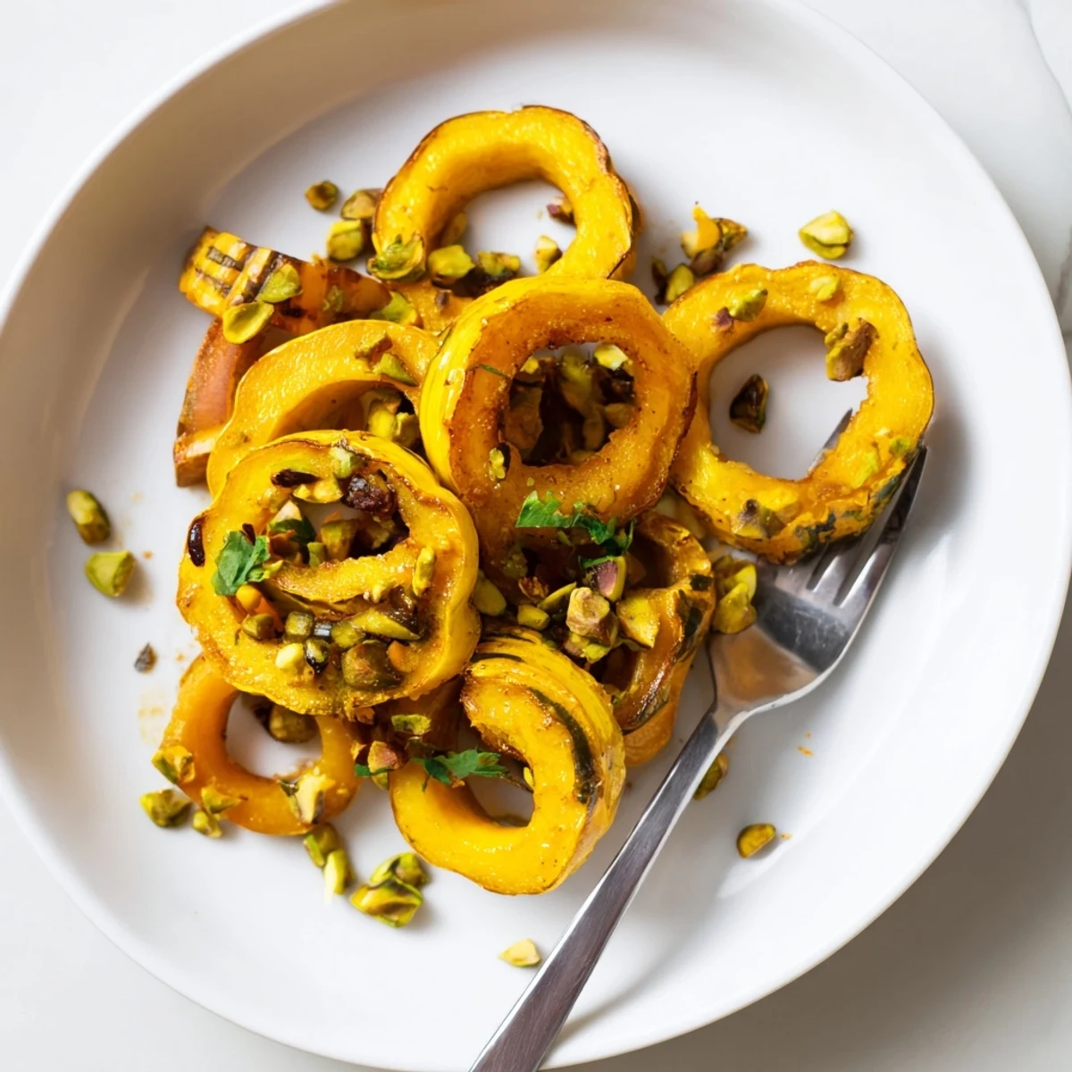 Golden-brown Baked Delicata Squash Rings, glistening with maple glaze, topped with chopped pistachios.