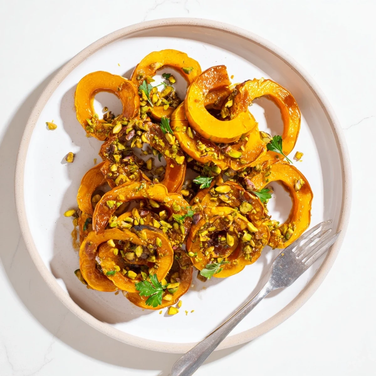 Close-up of vibrant Baked Delicata Squash Rings, savory-sweet flavor, ready to serve with parsley.