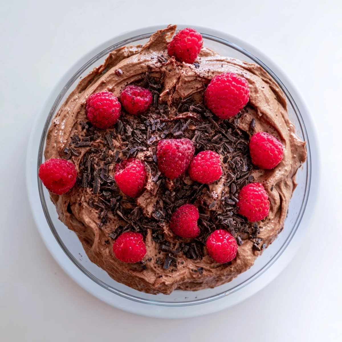 Silky-smooth avocado chocolate mousse topped with vibrant red raspberries, a delightful dessert.