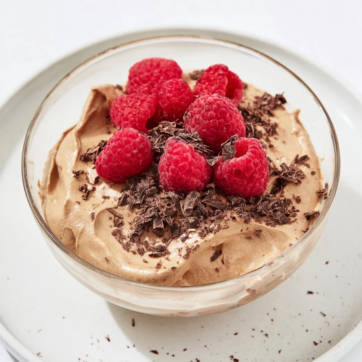 Enjoy a decadent serving of avocado chocolate mousse, expertly garnished with fresh raspberries and mint.