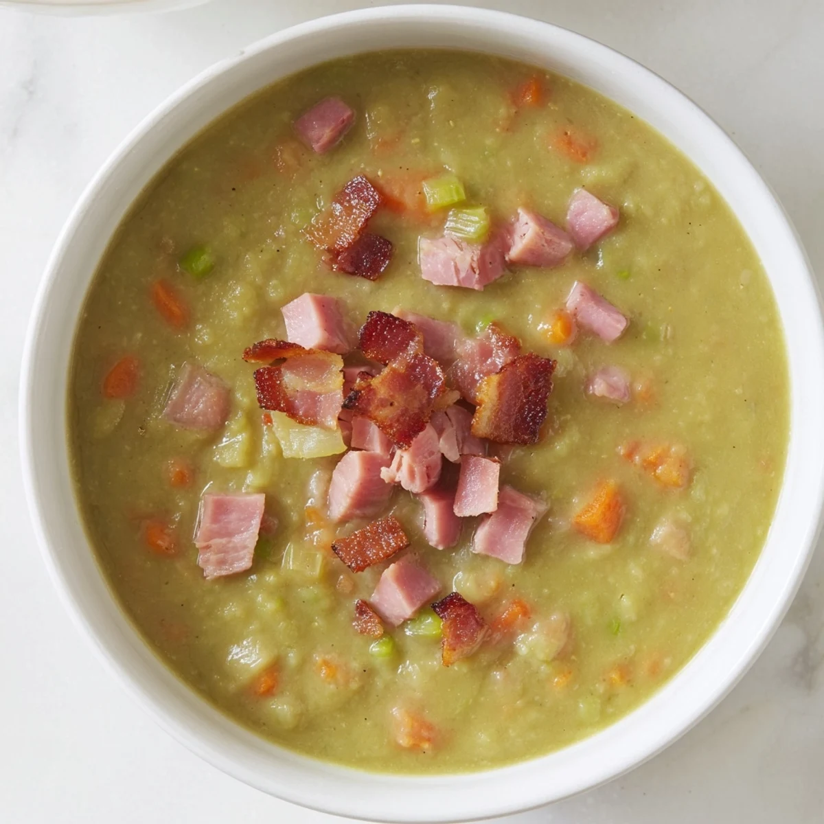 Thick and creamy split pea soup with ham, ready to serve, a comforting, warm meal.