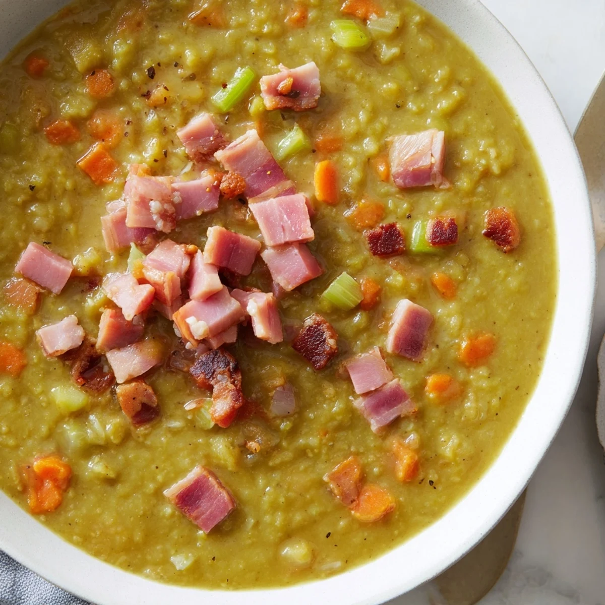 Steaming bowl of Split Pea Soup with canned ham, garnished with crispy bacon crumbles.