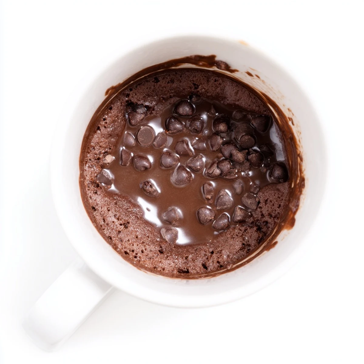 Steaming hot microwaved mug cake, ready to eat, topped with chocolate chips and inviting aroma.