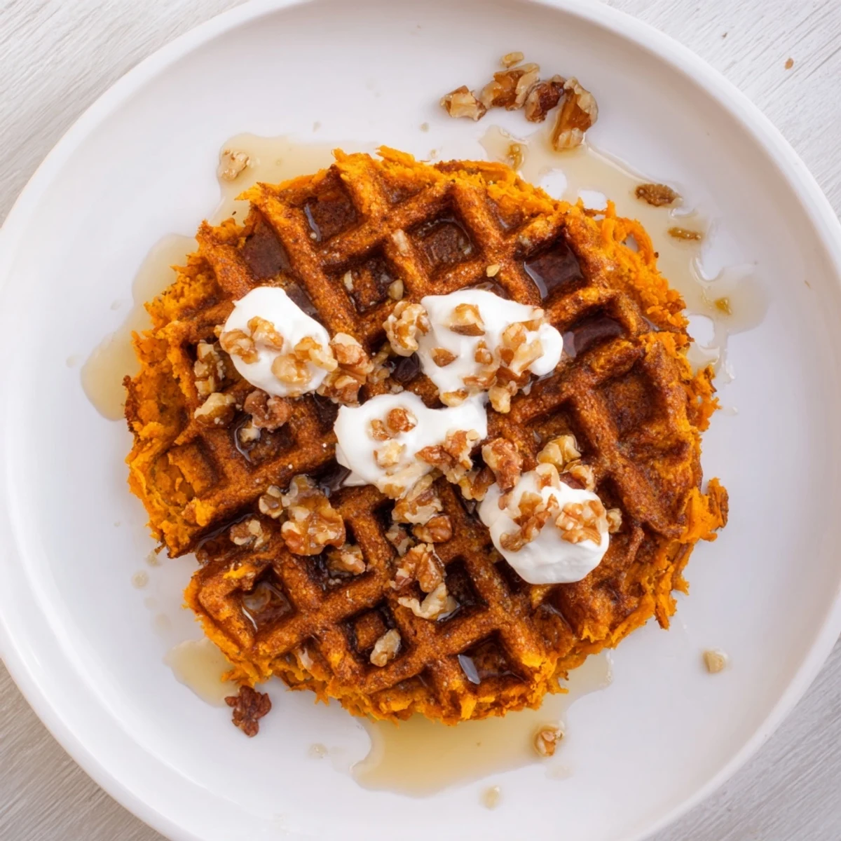 Fluffy sweet potato waffles, beautifully browned and ready to be topped with maple syrup.