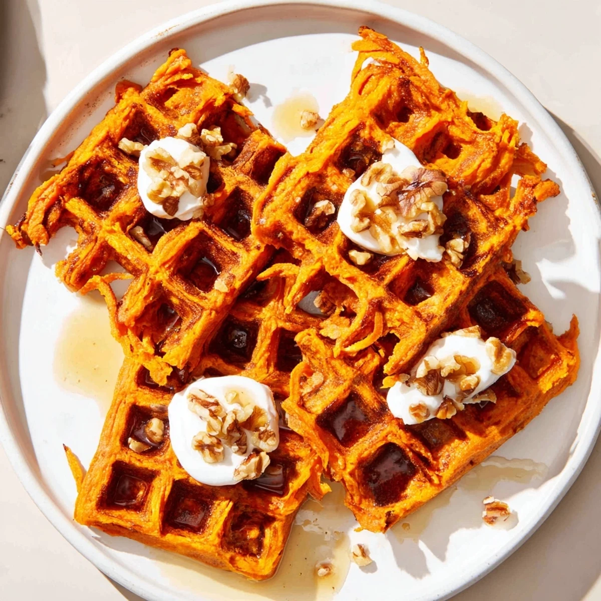 Golden, crispy sweet potato waffles, perfect for breakfast, served with fresh fruit.