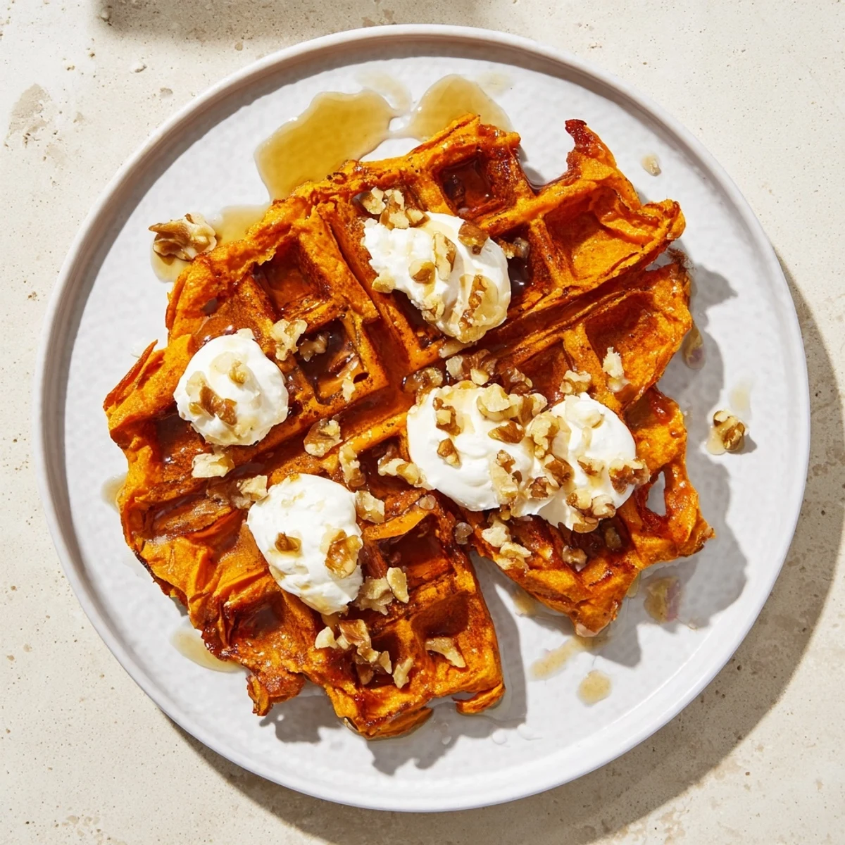 Warm, homemade sweet potato waffles, pictured with a dusting of cinnamon and fresh berries.