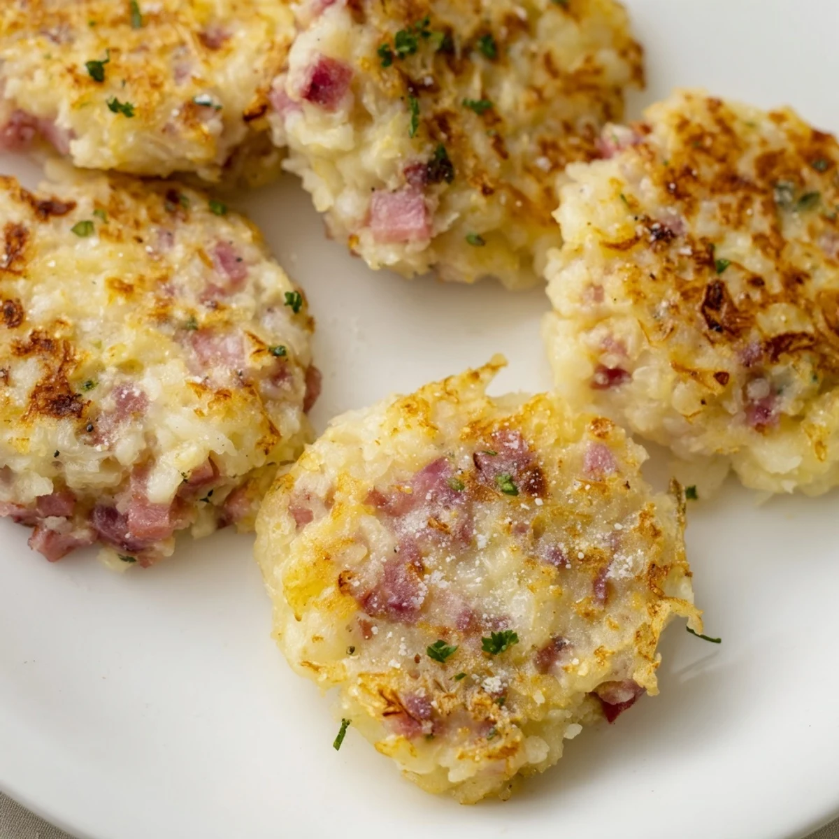 Perfectly fried Depression-Era Ham & Potato Patties, showcasing a hearty mix of ham and potatoes, ready to eat.