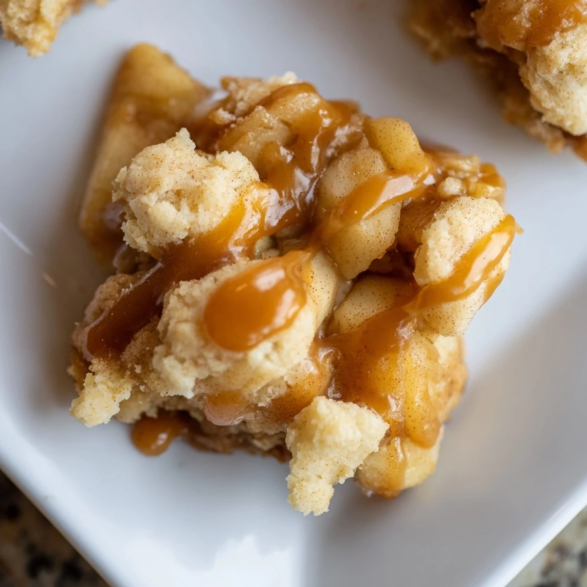 A close-up of warm, delicious Caramel Apple Cookie Bars, perfect comfort food, ready to serve.