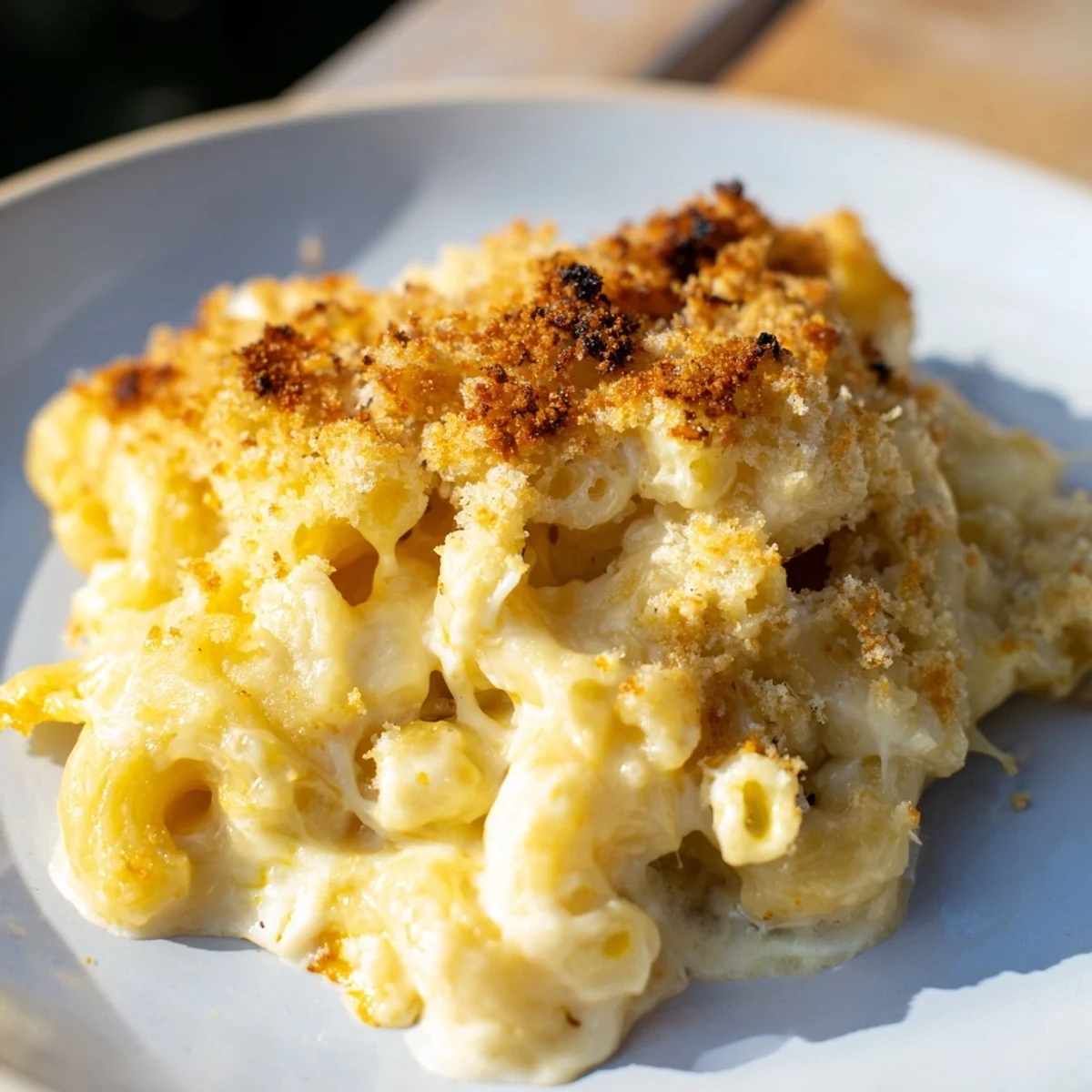 Golden, bubbly baked Mac & Cheese with Evaporated Milk, ready to be served hot.