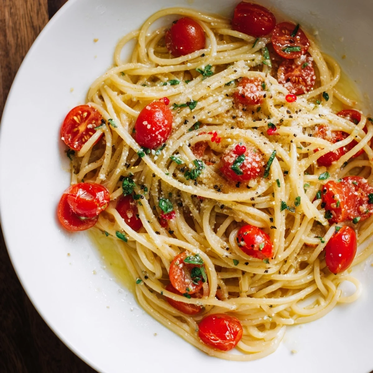 Golden, glossy Lazy-Girl Pasta, tossed in a bright tomato sauce, is topped with fresh Parmesan.