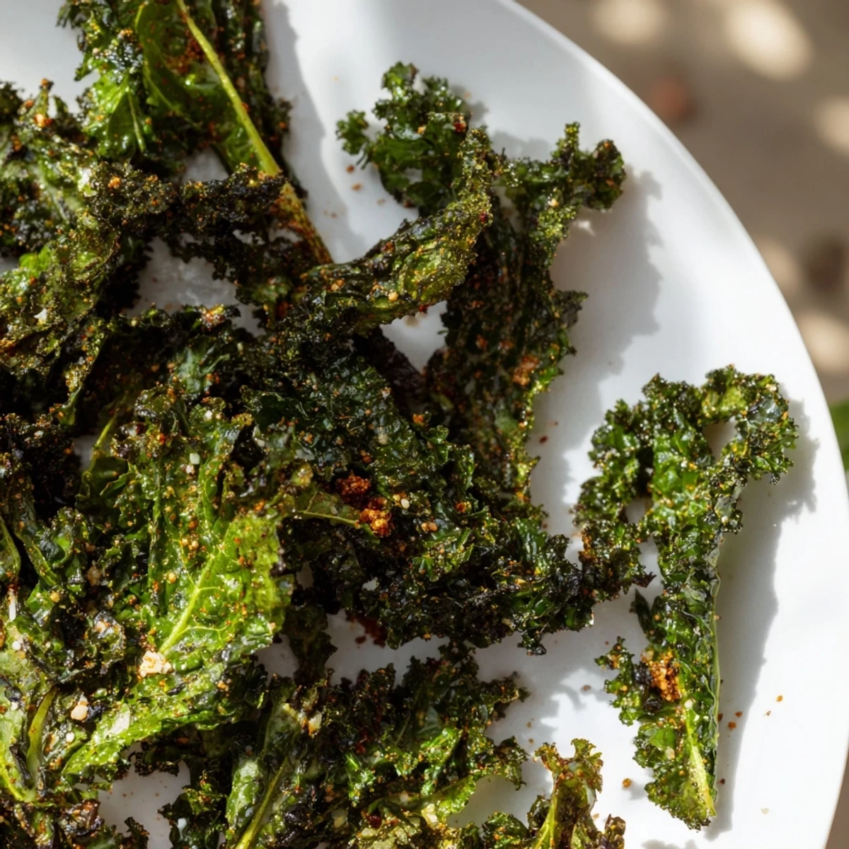 Golden, crispy Baked Kale Chips arranged perfectly on a parchment-lined baking sheet, ready to eat.