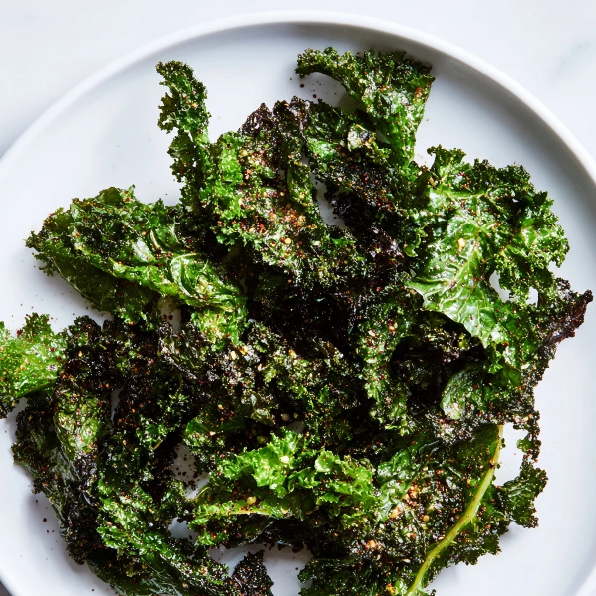 Close-up photo of seasoned olive-oil coated Baked Kale Chips with perfectly curled edges after baking.