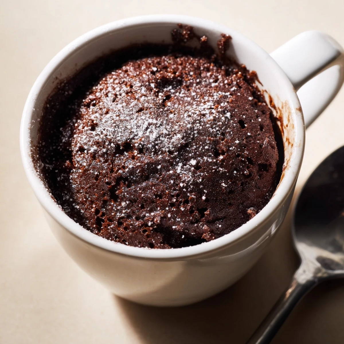 Warm, fluffy chocolate Microwave Mug Cake ready to enjoy with a scoop of vanilla ice cream.