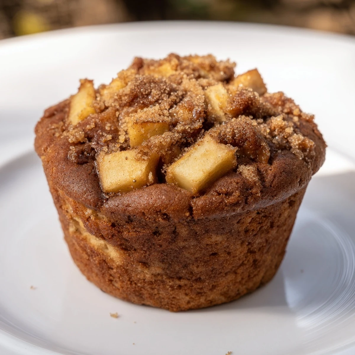 Close-up on a batch of warm Cinnamon Apple Muffins, drizzled with cinnamon sugar topping.