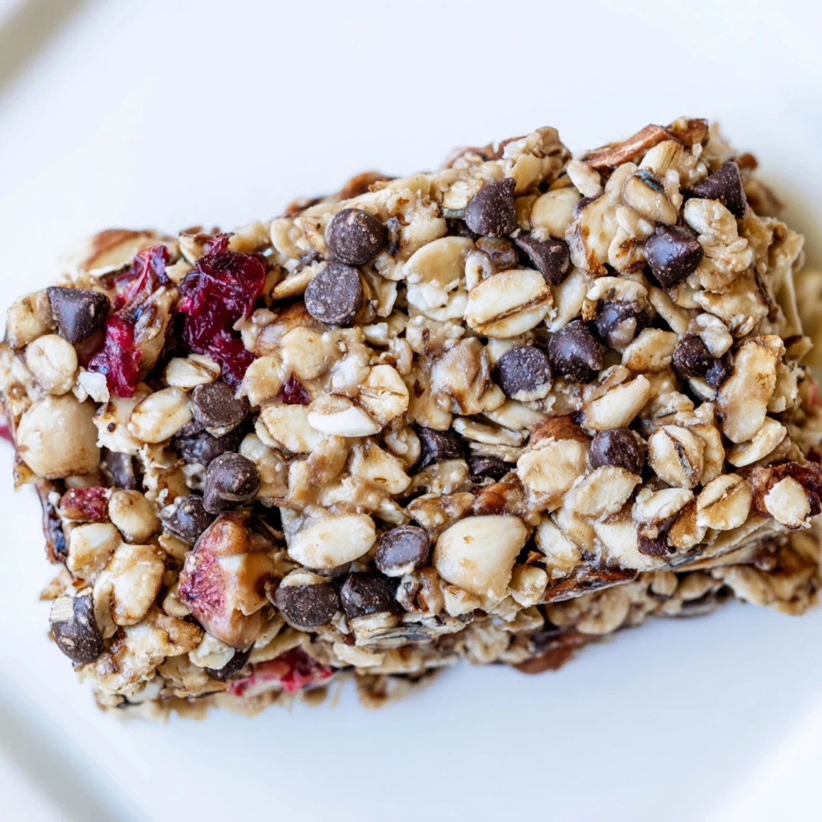 Golden-brown homemade granola bars, chewy texture with visible oats and nuts, ready to eat.