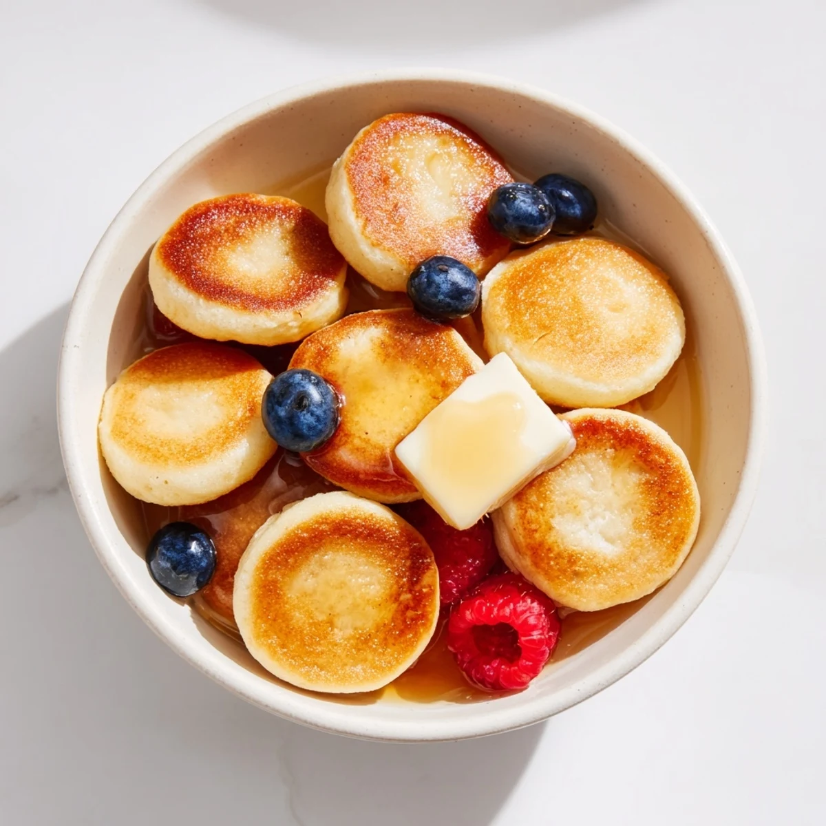 Golden brown, bite-sized Pancake Cereal in a bowl, ready to be drizzled with maple syrup.